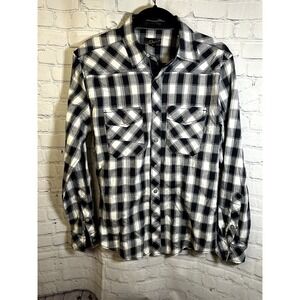 HELIX MENS BLACK AND WHITE PLAID SNAP BUTTON LONG SLEEVE SHIRT (S)   EUC    F-16